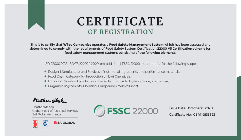 News FSSC 22000 Certificate Announcement Wiley Companies