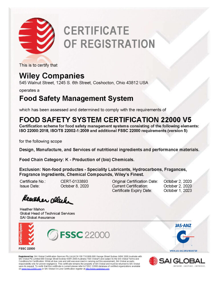 News FSSC 22000 Certificate Announcement Wiley Companies